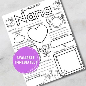 All About My Nana | Nana Printable | Fill In The Blank For Kids | All About My Grandma | Gift For Grandparents From Kids | Instant Download