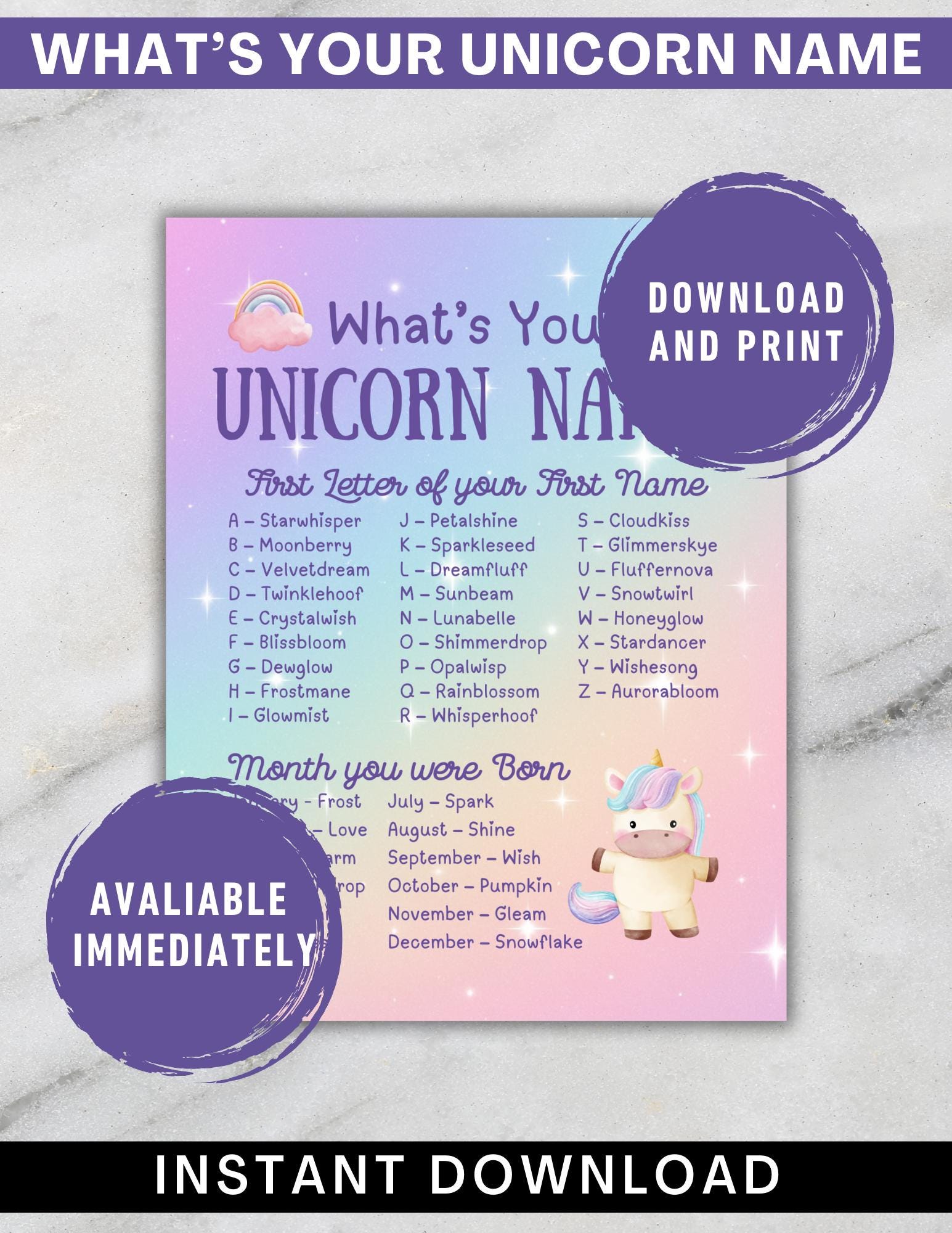 What’s Your Unicorn Name Printable | Unicorn Name Generator for Kids ...