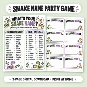 Könnte beinhalten: Ein Snake Name Party Game Spielblatt mit einer What's Your Snake Name Tabelle für Geburtsmonate und Anfangsbuchstaben sowie einer Seite mit acht My Snake Name Is Namensschildern, verziert mit cartoonartigen Schlangen.