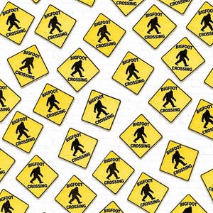 May include: A collection of square yellow signs featuring a black silhouette of a creature and the text BIGFOOT CROSSING. Each sign is oriented as a diamond shape, displaying a consistent graphic design across the entire set of individual items.