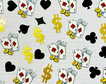 May include: A repeating pattern of playing cards, dice, gold coins, dollar signs, hearts, spades, and clubs against a white brick background. The playing cards feature red diamonds and spades.