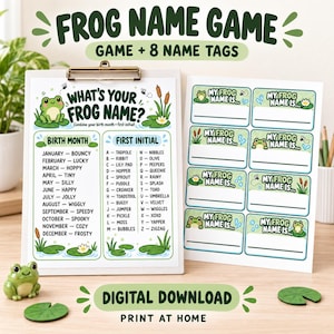 May include: A Frog Name Game activity sheet on a clipboard with eight matching name tags. The game features a chart to combine birth months and first initials to create a frog name. The design includes green frogs, lily pads, and cattails.