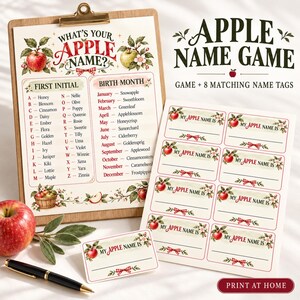 May include: An Apple Name Game activity sheet on a clipboard with eight matching name tags. The sheet features a list of names based on first initials and birth months, decorated with red apple illustrations and red gingham ribbon accents.