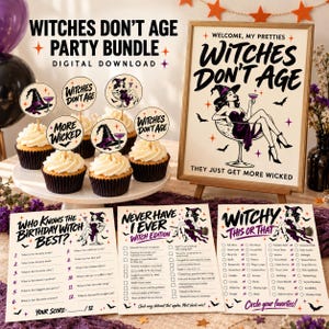 Könnte beinhalten: Ein Witches Don't Age Party-Set mit einem gerahmten Schild, Cupcake-Toppern und drei Spielkarten. Die Artikel zeigen Illustrationen einer Hexe im Martiniglas, Fledermäuse und Sterne mit Texten wie Witches Don't Age und More Wicked.