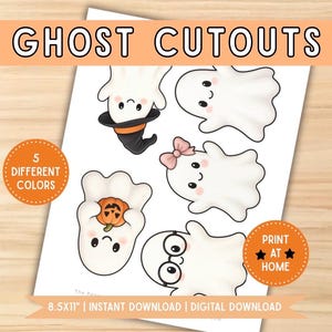 May include: A digital sheet of five white ghost cutouts with various accessories including a black witch hat, a pink hair bow, a small orange pumpkin, and round glasses. The text GHOST CUTOUTS, 5 DIFFERENT COLORS, and PRINT AT HOME appear.