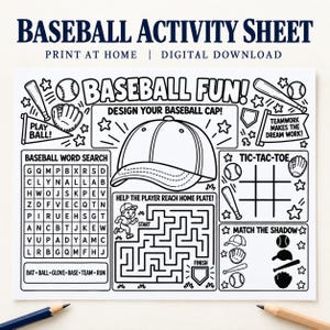 Pode incluir: Uma folha de atividades de basebol a preto e branco com caça-palavras, labirinto, jogo do galo e um jogo de sombras. A página inclui ilustrações de boné, taco, luva e bola, com o texto BASEBALL ACTIVITY SHEET.