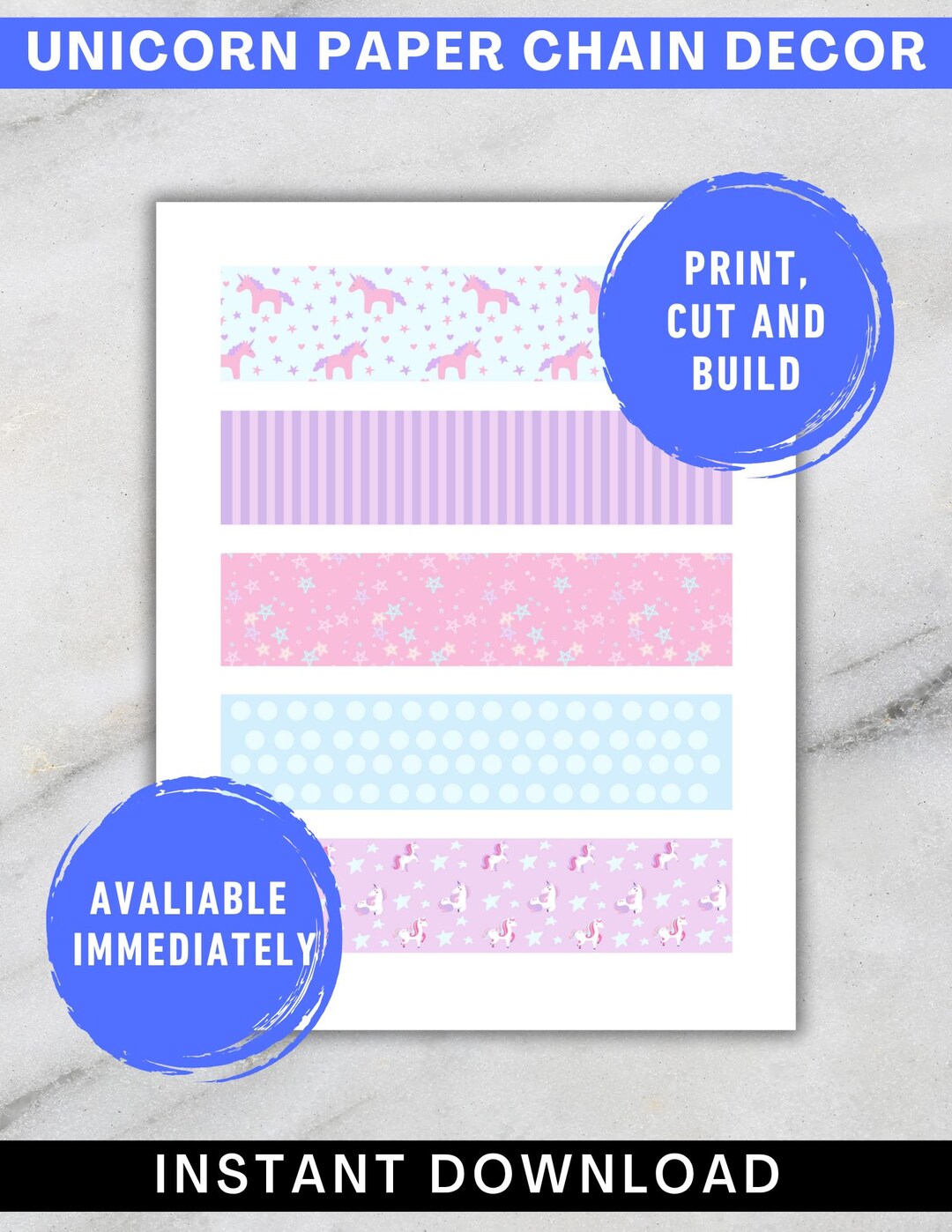 Unicorn Paper Chain Decor | Printable Party Garland | Unicorn Birthday ...