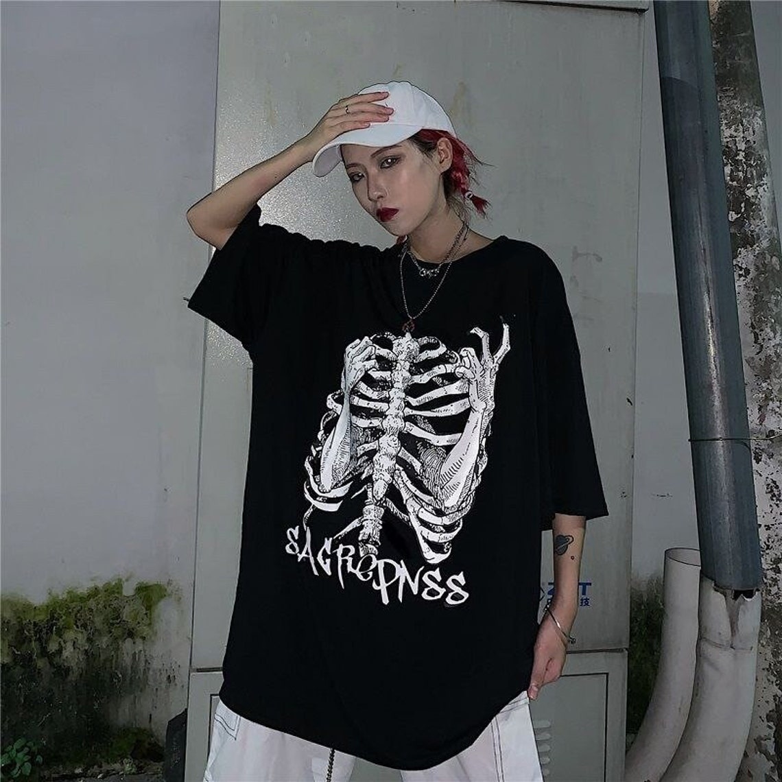 Harajuku Gothic Unisex T-shirts Retro Skull and Bones Print | Etsy