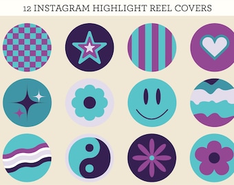 May include: Twelve Instagram highlight reel covers with various designs. The covers feature a variety of colours, including teal, purple, white, and black. The designs include a star, a heart, a flower, a smiley face, a yin yang symbol, and a checkered pattern.