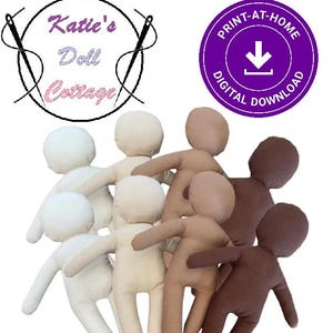 May include: A collection of handmade doll bodies in various skin tones, including white, beige, and brown. The dolls are made of soft fabric and have simple, rounded shapes. The image also features the text "Katie's Doll Cottage" and "Print-at-Home Digital Download."