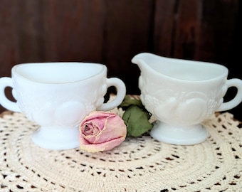 Vintage Milk Glass, Fruit Pattern, Sugar & Creamer, Westmoreland, Della Robbia