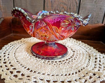 Vintage Imperial Glass | Ruby Red Carnival Glass | Pedestal Dish | Compote Bowl | Iridescent Marigold Candy Dish | Antique Home Decor