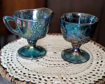Vintage carnavalsglas, suikerpot, Indiana-glas, blauw, druivenpatroon
