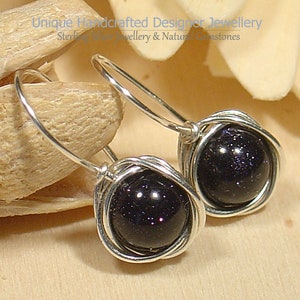 Blue Goldstone 925 Silver Earrings Silberne Ohrringe Handmade Jewellery 0919-1