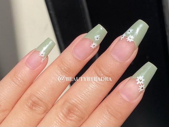 Hand Painted Sage Green French Tip Smile Line With White Etsy Hand Painted Sage Green French Tip Smile Line With White Etsy