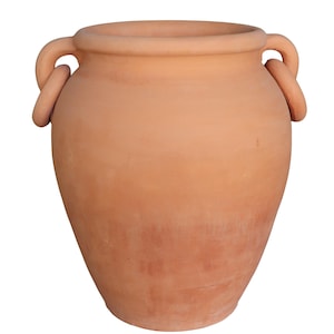 May include: A large, terracotta-coloured vase with two loop handles on either side. The vase has a wide mouth and a rounded body, suitable for indoor or outdoor use. The unglazed finish gives it a rustic appearance.