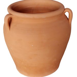 May include: A terracotta pot with a wide opening and two curved handles. The pot has a rounded body and a natural, earthy color. The pot is likely used for planting or decorative purposes.
