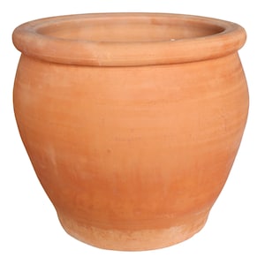 May include: A terracotta plant pot, round with a wide rim. The pot has a bulbous body that narrows towards the base. The unglazed surface has a natural, earthy texture. Suitable for indoor or outdoor use. The pot's diameter is approximately 30 cm.