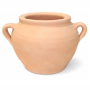 May include: A terracotta-colored, round ceramic pot with two curved handles. The pot has a wide opening and a slightly textured surface. This decorative pot is suitable for indoor or outdoor use.