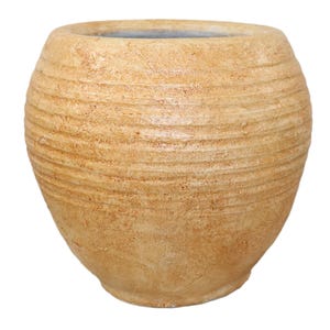 May include: A large, round, terracotta planter with a textured, ribbed surface. The planter is a light brown colour.