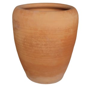 May include: A terracotta-coloured, cylindrical planter with a wide opening. The planter has a slightly textured surface and a rounded base. The colour is a warm, earthy tone, suitable for various plants. The design is simple and classic.