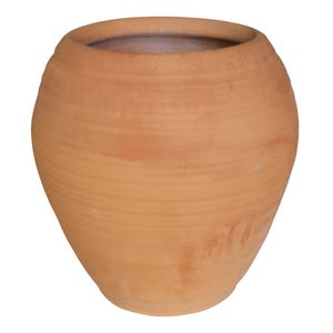 May include: A terracotta-coloured, round-bodied pot with a wide opening. The pot has a slightly textured surface with horizontal ridges and a smooth interior. The design is simple and classic, suitable for various plants or decorative purposes.