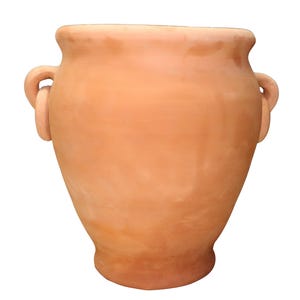 May include: A terracotta pot with two handles. The pot is a light brown colour and has a rounded shape.