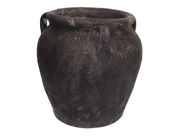 May include: A dark brown, textured ceramic vase with two small handles. The vase has a wide opening and a rounded body. The surface has a rough, aged appearance, suggesting a rustic or antique style. The vase is suitable for home decor.