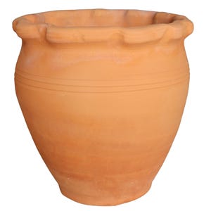 May include: A terracotta-colored, unglazed ceramic flower pot. The pot has a wide, ruffled rim and a gently curved body. Three horizontal lines encircle the pot's midsection. The pot is designed for planting flowers or other plants.