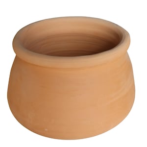 May include: A terracotta plant pot with a rounded body and a slightly flared rim. The unglazed clay pot has a natural, earthy tone, ideal for planting flowers or herbs. The pot is a classic design, suitable for indoor or outdoor use.