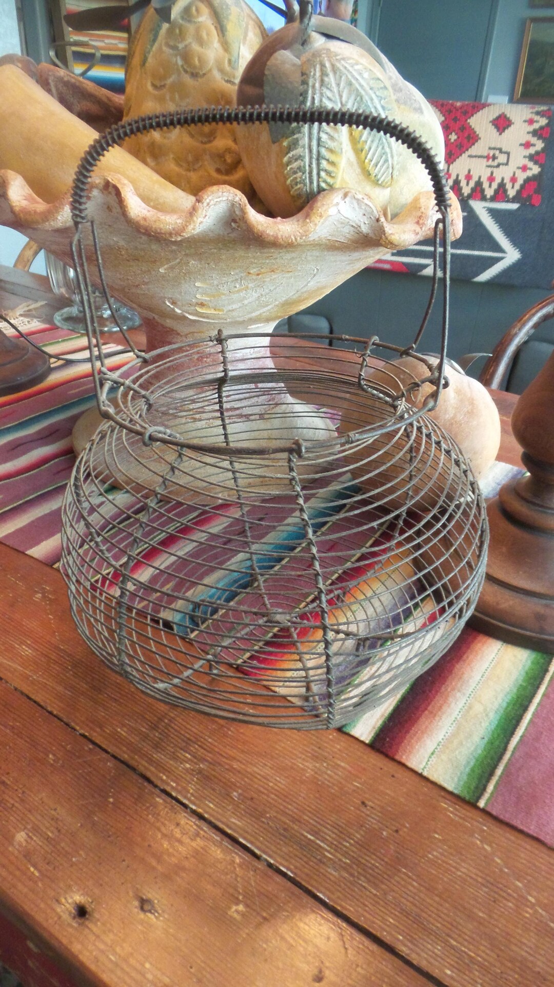 Antique Wire EGG BASKET Footed, Twisted Wire Handle, Round, Farmhouse ...