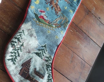 Vintage NEEDLEPOINT WEIHNACHTSSTRUMPF Weihnachtsmann, Schlitten, Rentier, 48 cm