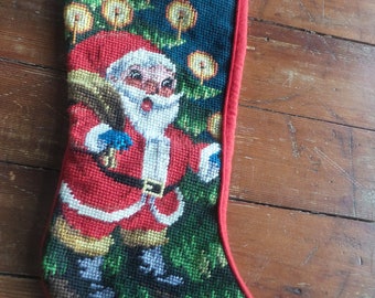 Vintage NEEDLEPOINT WEIHNACHTSSTRUMPF Weihnachtsmann, Weihnachtsbaum, Geschenke, 19"