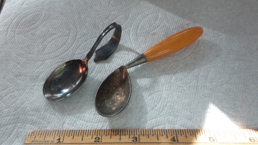 2 Antique BABY SPOONS Napier Butterscotch Bakelite Handle Etsy
