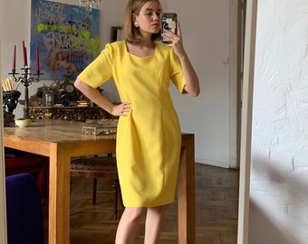 Vintage 90s Bodycon Dress, Yellow Short Sleeve Dress