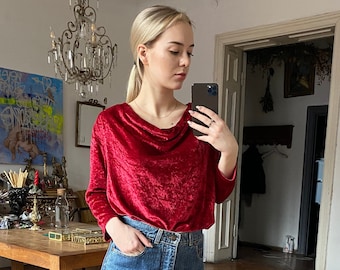 Vintage Red Velvet Blouse, Velour Top