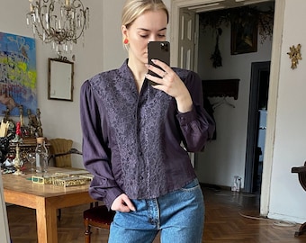 Vintage paarse blouse met kant, top met pofmouwen