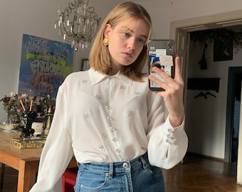 Vintage White Semi-sheer Blouse, Long Sleeve Chiffon Shirt Vintage White Semi-sheer Blouse, Long Sleeve Chiffon Shirt