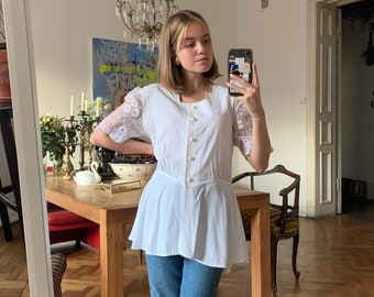 Vintage Weiße Spitzenbluse,Weißes Top mit Spitze