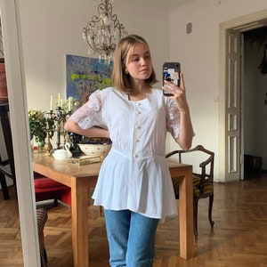 Vintage White Lace Blouse,White Top with Lace