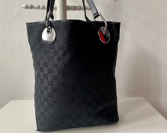 Vintage 00's Gucci Black Monogram Canvas Tote Bucket Shopping Bag