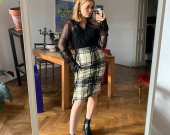 Vintage Plaid Skirt, Wool Pencil skirt