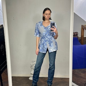 Vintage Betty Barclay Floral Short Sleeve Blouse, Oversized Summer Shirt with Mother of pearl buttons