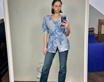 Bluzka z krótkim rękawem w kwiaty w stylu vintage Betty Barclay, letnia koszula oversize z guzikami z masy perłowej
