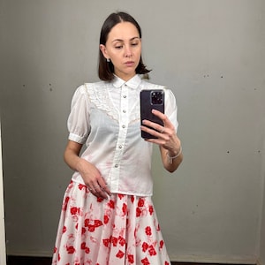 White Vintage Puff Sleeve Blouse with Sweetheart Neckline