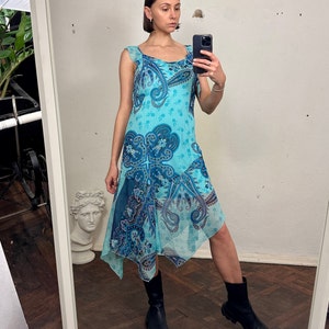 Vintage Blue Floral Sleeveless Midi Dress, Summer Dress