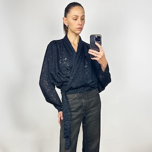 Vintage Black Wrap Blouse, Floral Long Sleeve Semi-Sheer  Top