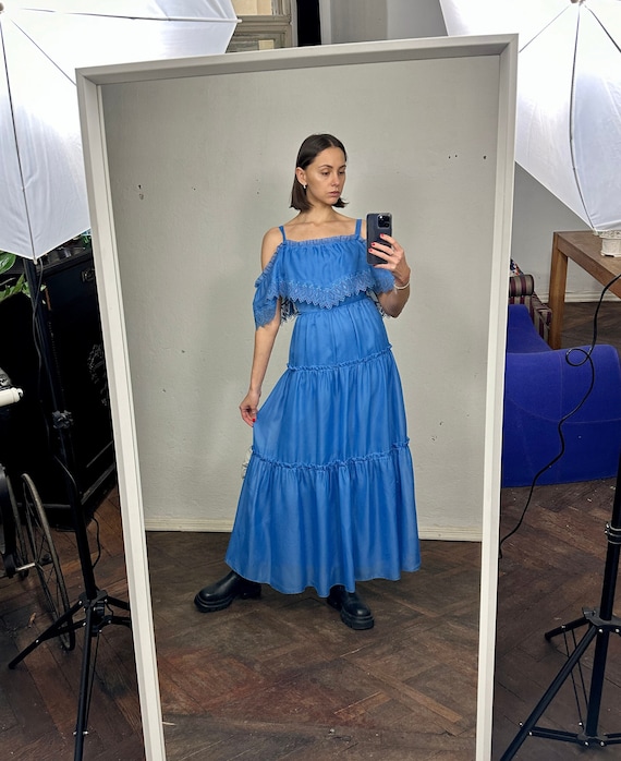 Vintage Blue Sleeveless Maxi Dress Embroidered Ruffle Long Dress
