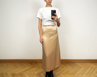 Vintage Beige High Waist Silky Long Skirt, Satin Maxi Skirt