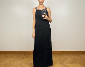 Vintage Schwarzes Chiffon Ärmelloses Maxikleid, Übergroßes langes Kleid